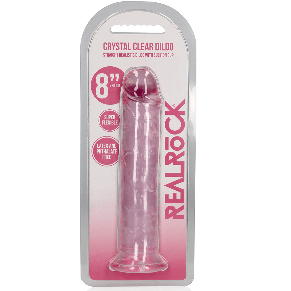 Förpackning till RealRock Dildo with Suction Cup Pink 20cm. Vit kartong med plast på framsidan. Rosa text.