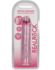 Förpackning till RealRock Dildo with Suction Cup Pink 20cm. Vit kartong med plast på framsidan. Rosa text.