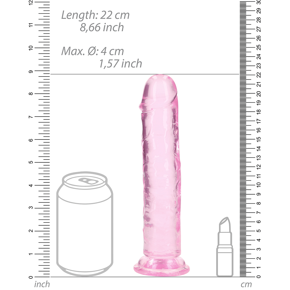 Storleksguide till RealRock Dildo with Suction Cup Pink 20cm. Animerad läskburk för att jämföra storleken.