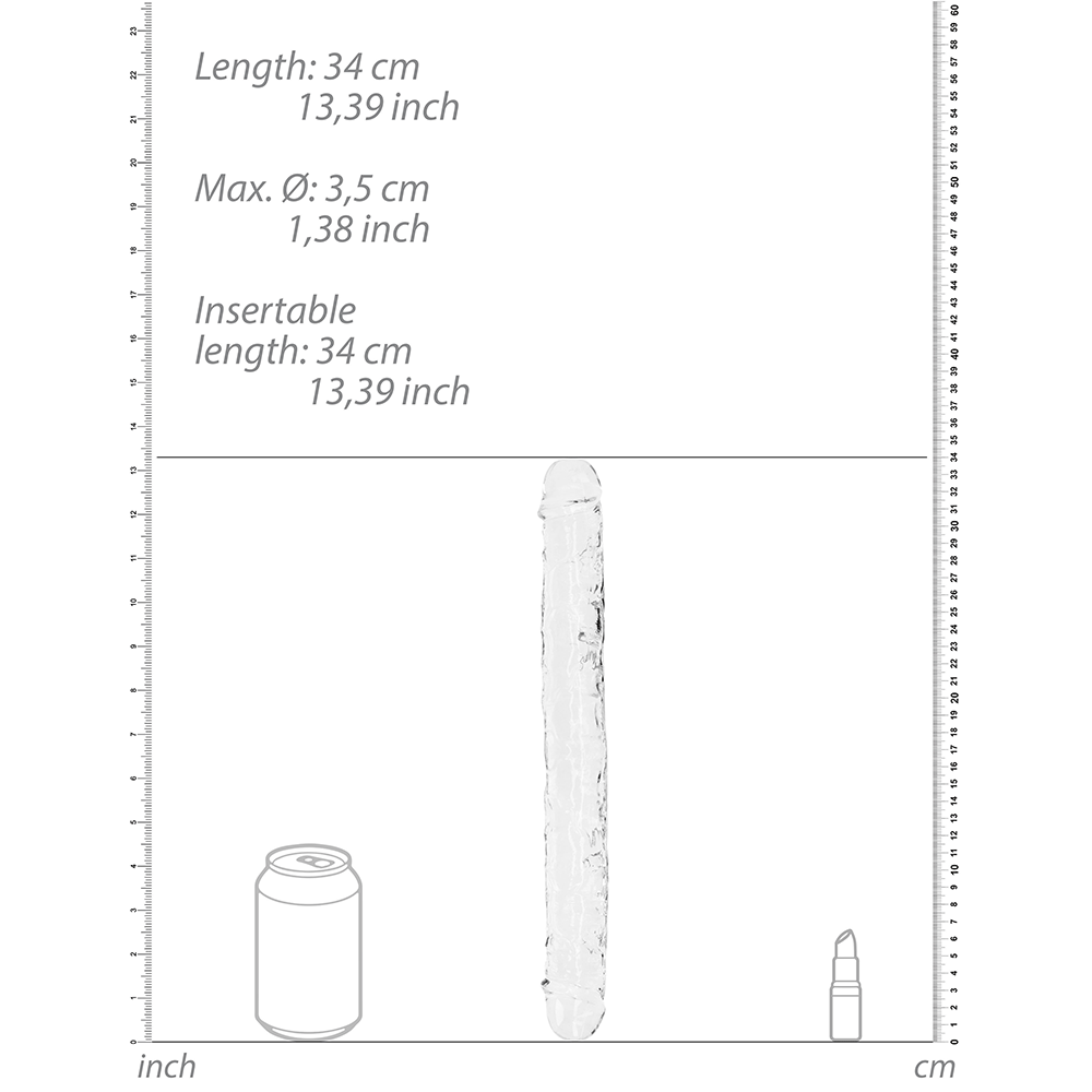 storleksguide till RealRock Realistic Double Dong 34cm. Jämförs med en animerad läskburk och ett animerat läppstift.