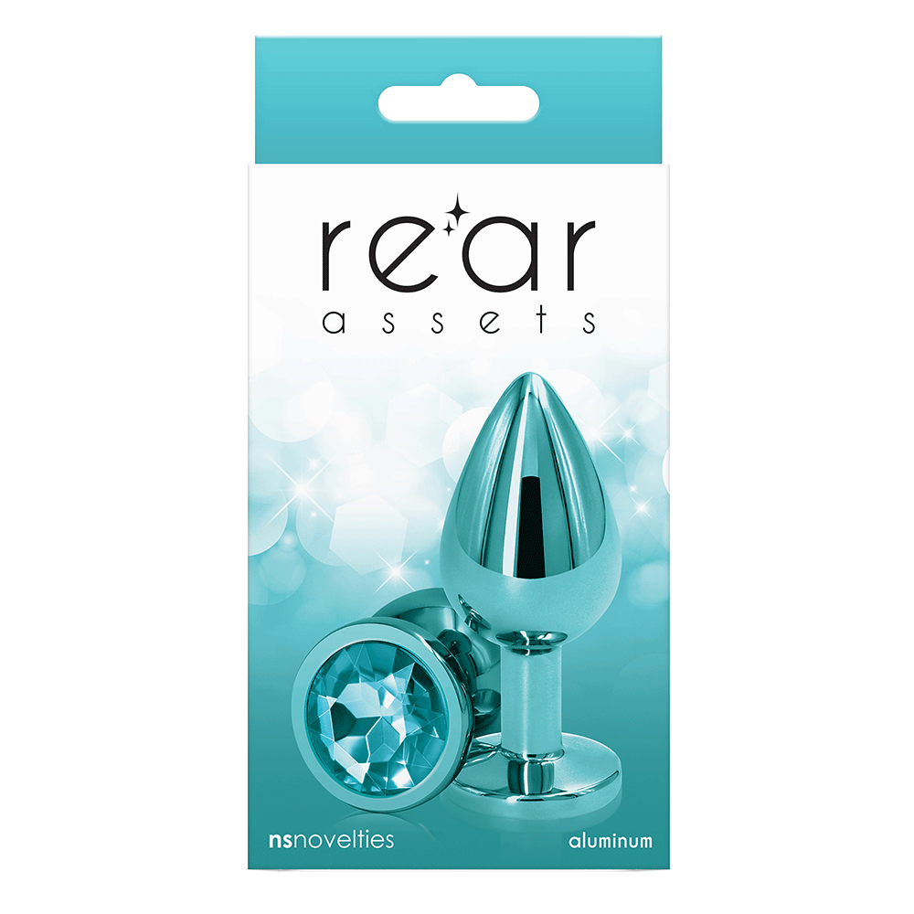 Rear Assets Buttplug Medium Teal produktförpackning, baksida mot vit bakgrund.