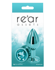 Rear Assets Buttplug Medium Teal produktförpackning, baksida mot vit bakgrund.