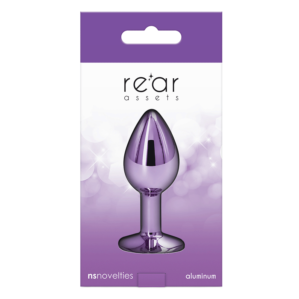 Rear Assets Buttplug Small Purple produktförpackning mot vit bakgrund.