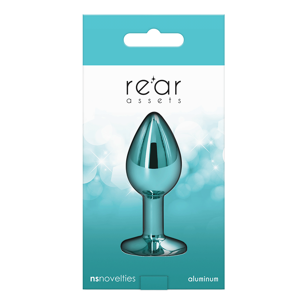 Rear Assets Buttplug Small Teal produktförpackning mot vit bakgrund.