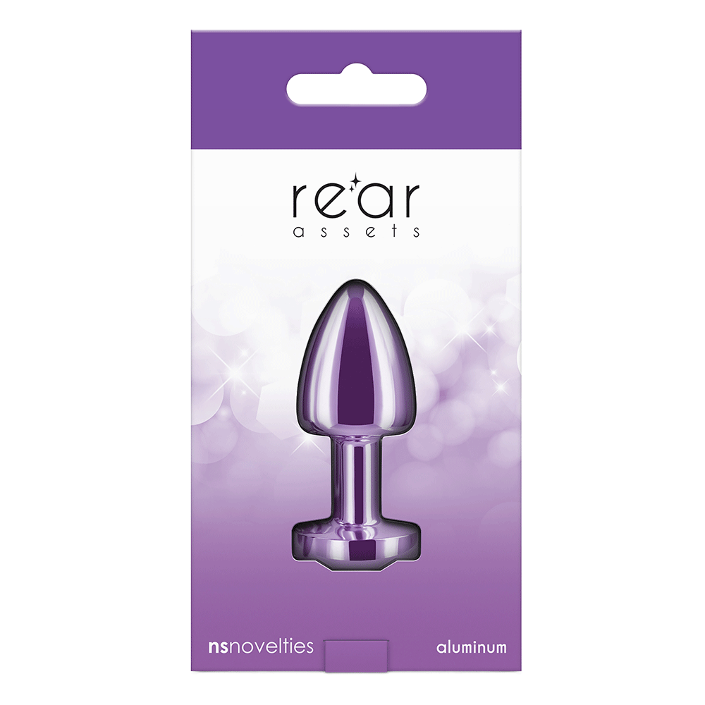 Rear Assets Petite Purple buttplug produktförpackning, framsida mot vit bakgrund.