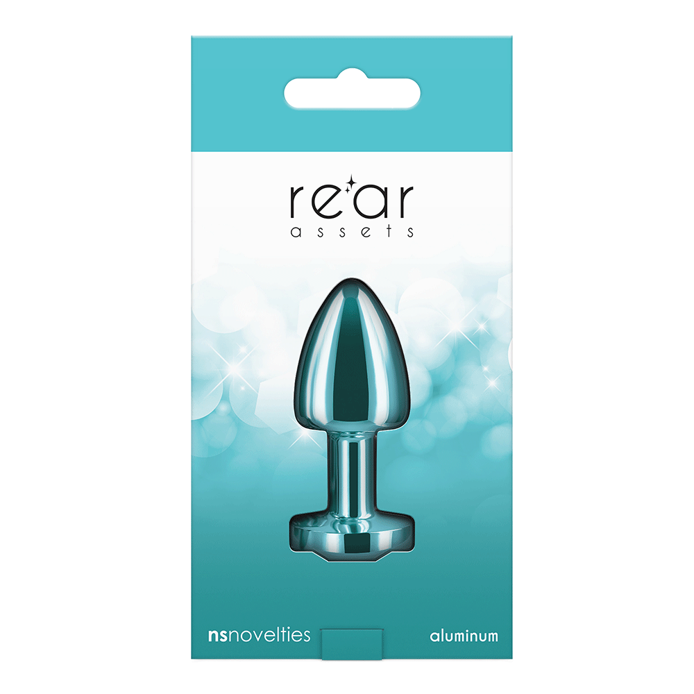 Rear Assets Petite Teal Buttplug produktförpackning framsida mot vit bakgrund.