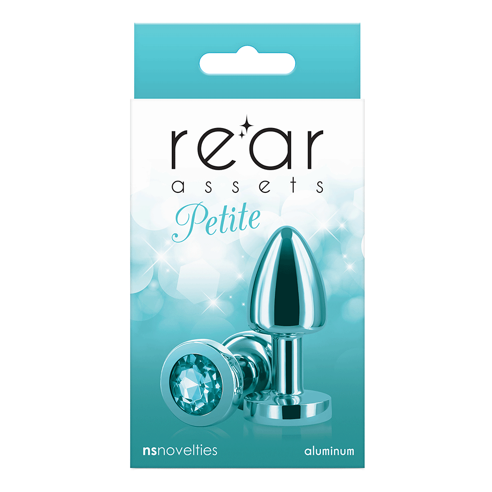 Rear Assets Petite Teal Buttplug produktförpackning baksida mot vit bakgrund.