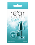 Rear Assets Petite Teal Buttplug produktförpackning baksida mot vit bakgrund.