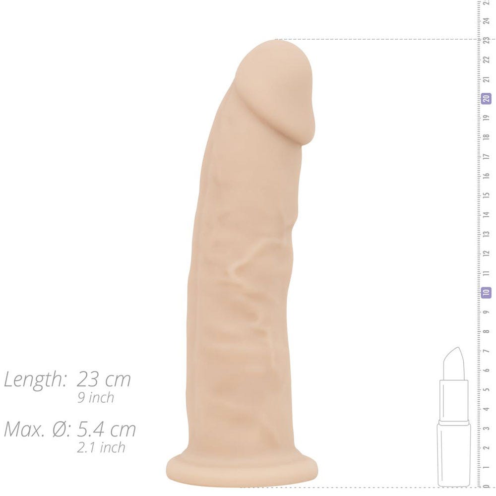 RF Deluxe Realistic Dildo Xavier dimensioner mot vit bakgrund.