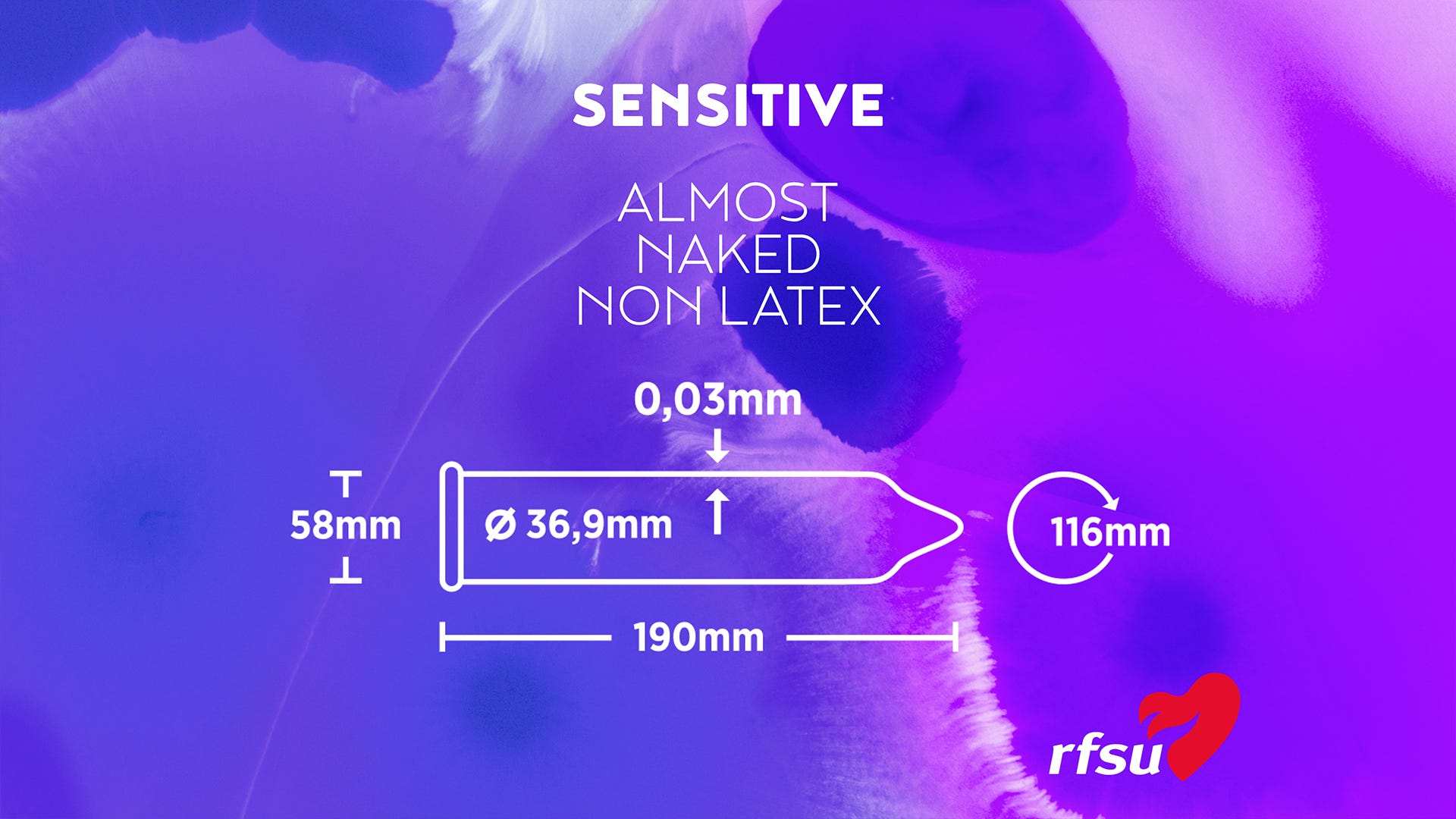 Dimensioner på RFSU Sensitive 6-pack Tunna &amp; Latexfria Kondomer mot lila bakgrund.