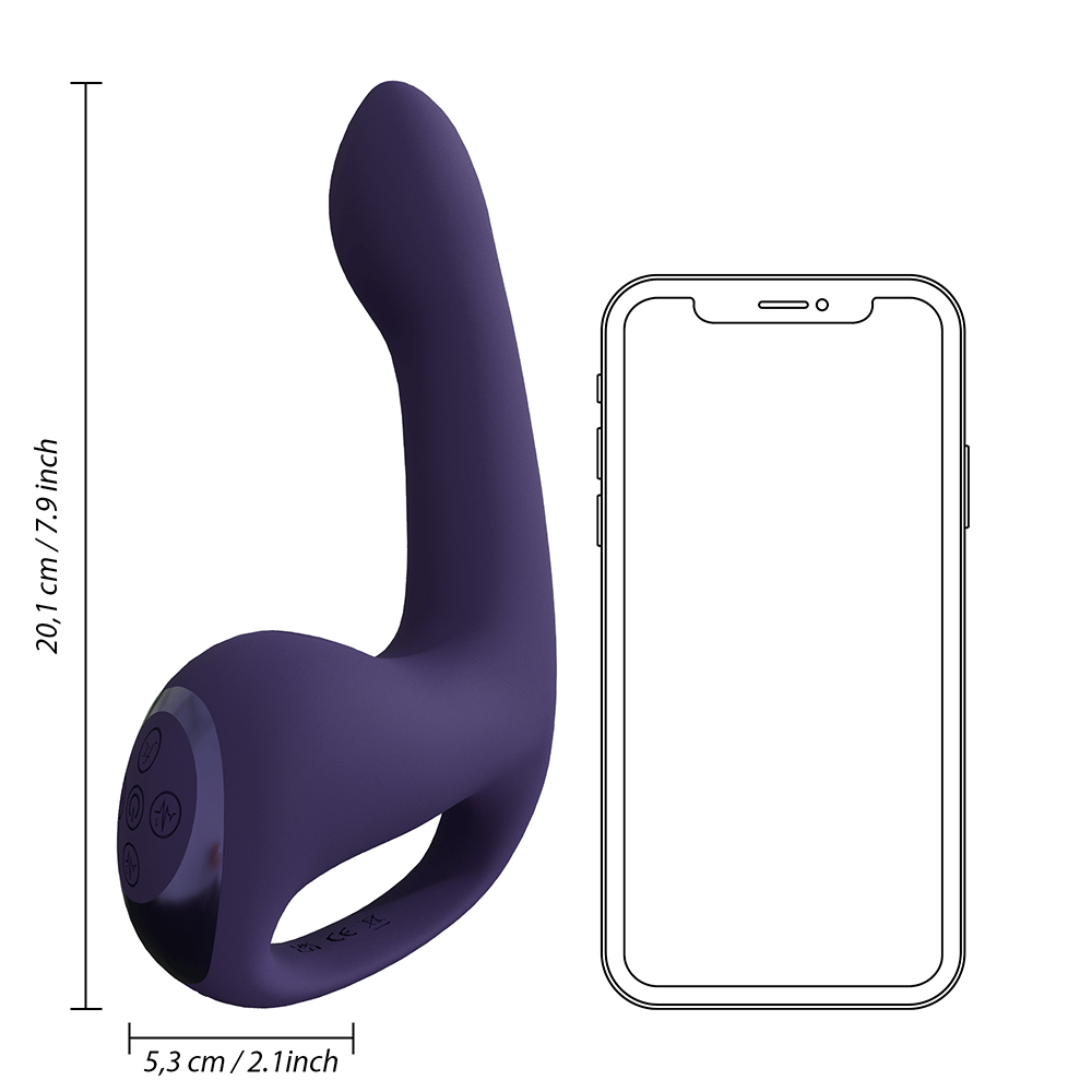 Dimensioner på Riko Triple Thumper G-punktsvibrator Lila i jämförelse med en smartphone mot vit bakgrund.