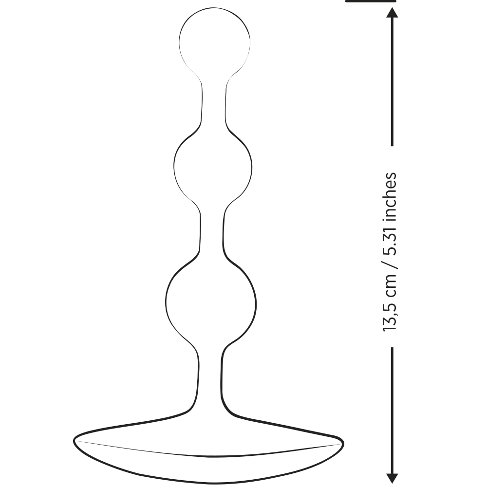 Skiss på ROMP Amp Analbead Plug som visar produktens dimensioner. Vit bakgrund.