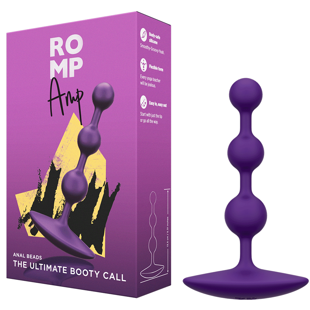 ROMP Amp Analbead Plug produkt förpackning. Lila färg. Mot vit bakgrund.