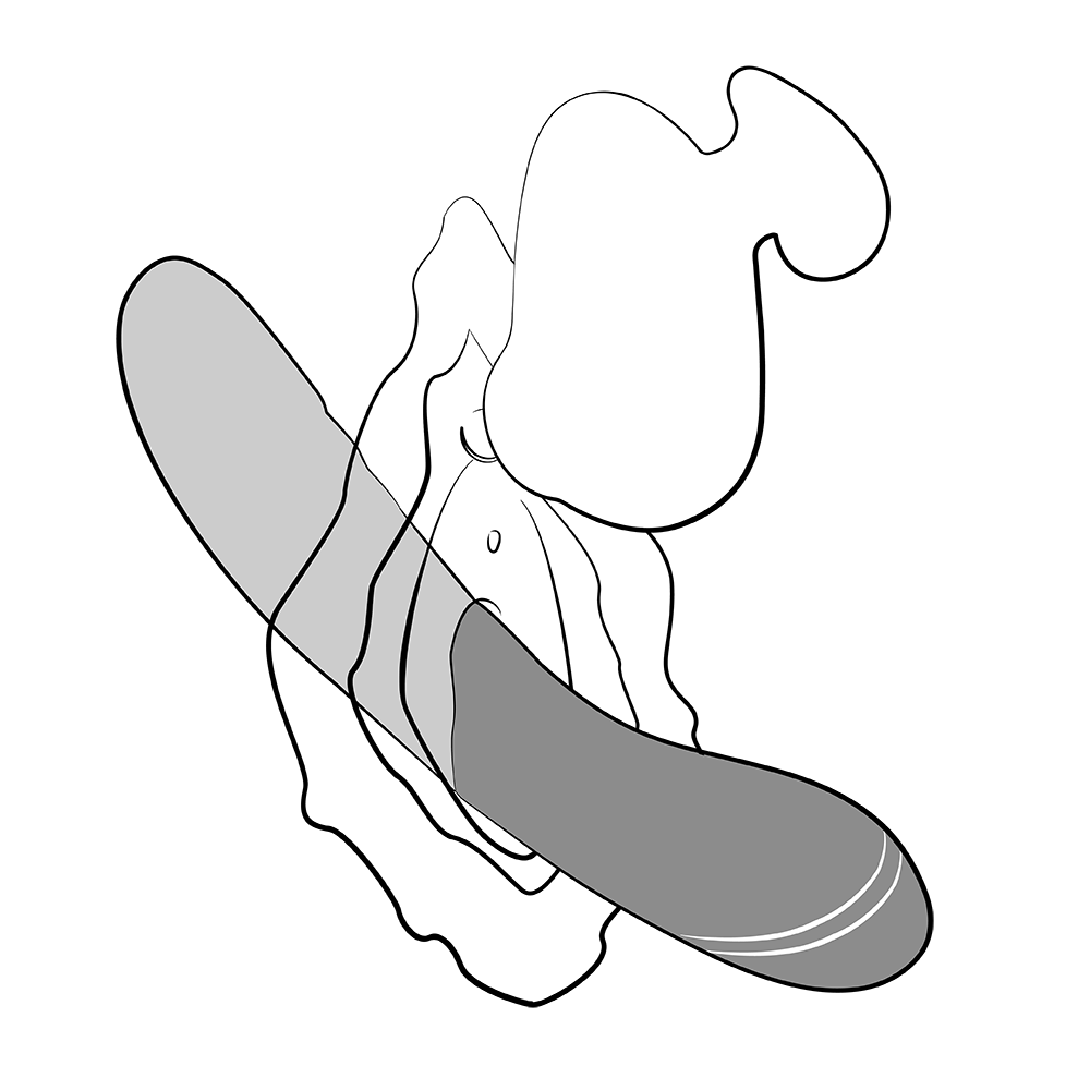 Illustration på ROMP Kiss Klitorisvibrator mot klitoris och insatt dildo.