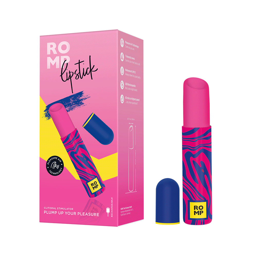 Romp Lipstick och produktförpackning mot vit bakgrund.