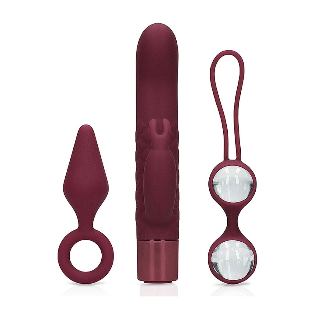 (S)explore Toy Kit for Her rabbitvibrator, analplugg och knipkulor ståendes mot vit bakgrund.