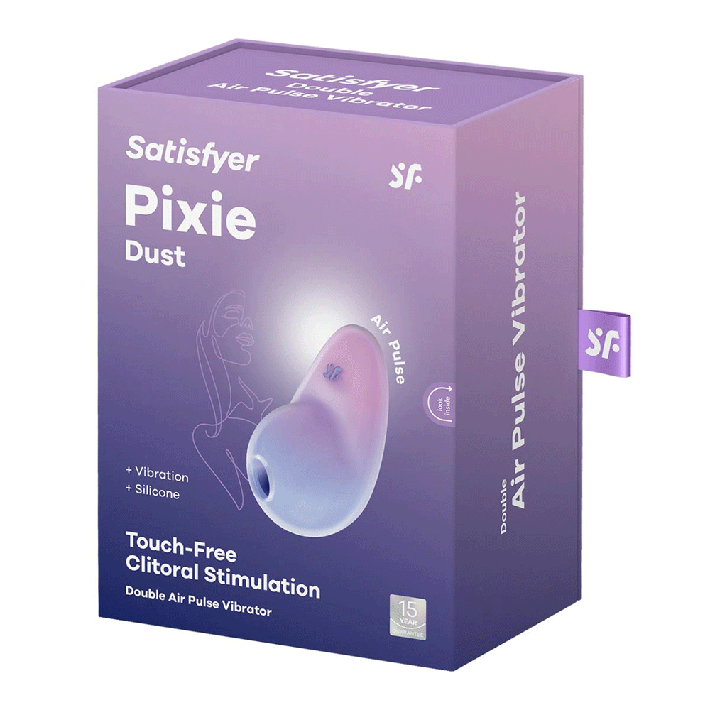 Satisfyer Pixie Dust Violet Pink produktförpackning mot vit bakgrund.