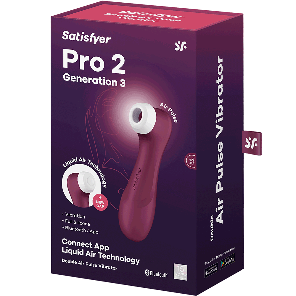 föpackning av Satisfyer Pro 2 Generation 3 Connect App Red Wine Lufttrycksvibrator mot vit bakgrund.