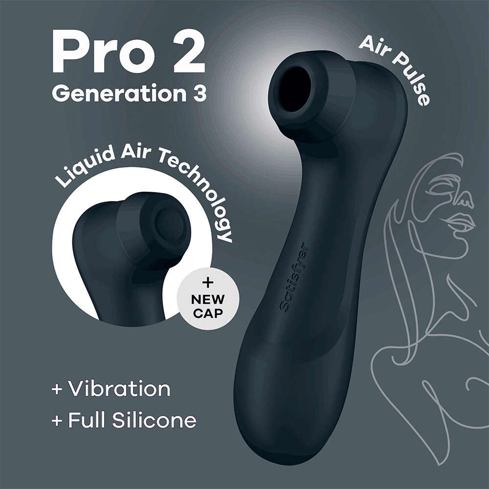 Satisfyer Pro 2 Generation 3 Lufttrycksvibrator Svart mot grå bakgrund med illustration