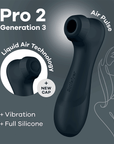 Satisfyer Pro 2 Generation 3 Lufttrycksvibrator Svart mot grå bakgrund med illustration