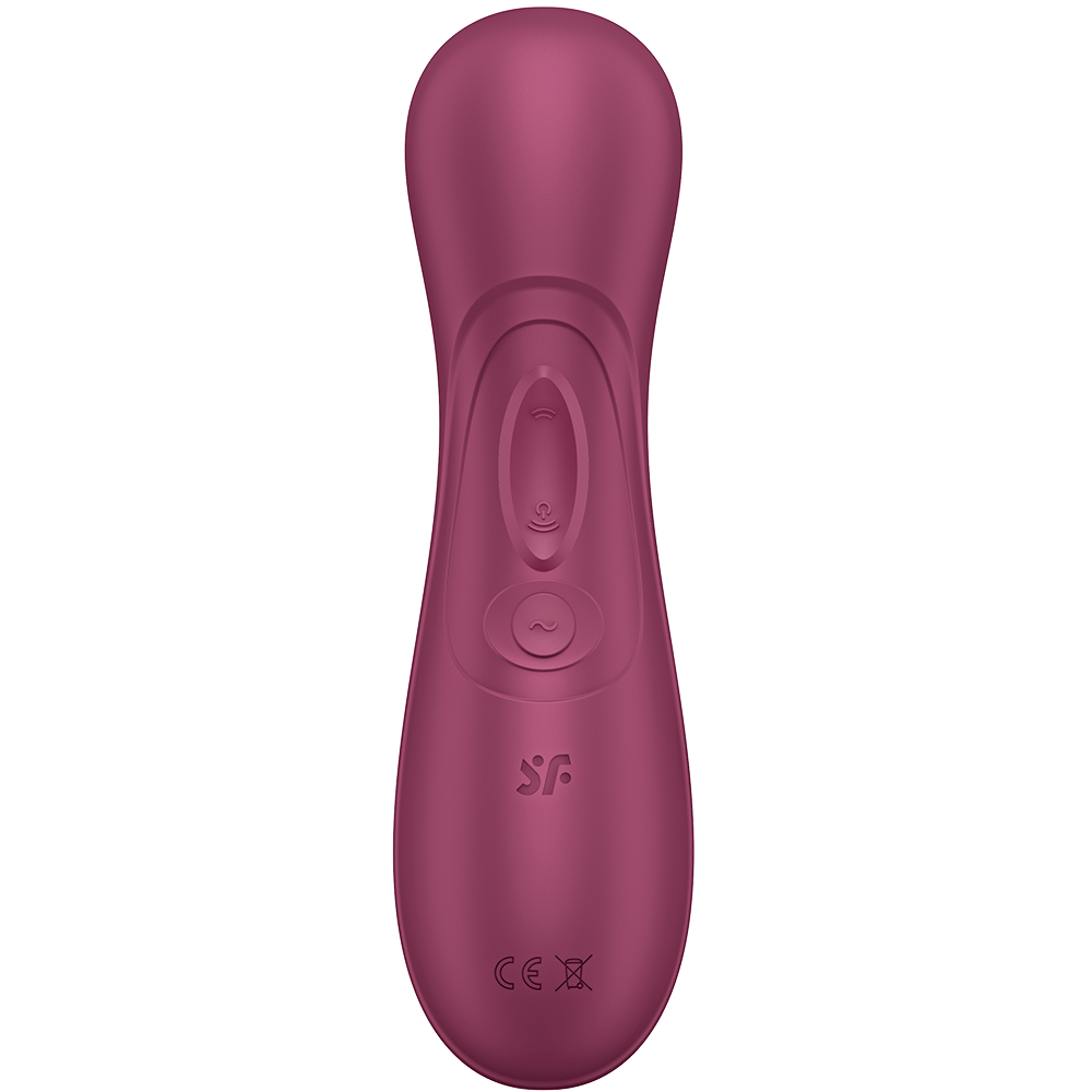 baksidan av Satisfyer Pro 2 Generation 3 Red Wine med knappar och logga i fokus. Vit bakgrund.