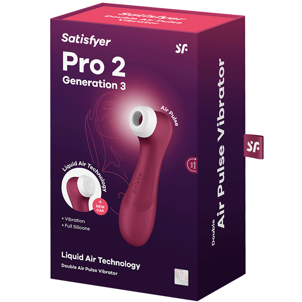 Förpackningen till Satisfyer Pro 2 Generation 3 Red Wine. Lila kartong med produkten på framsidan. Vit text.