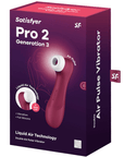 Förpackningen till Satisfyer Pro 2 Generation 3 Red Wine. Lila kartong med produkten på framsidan. Vit text.