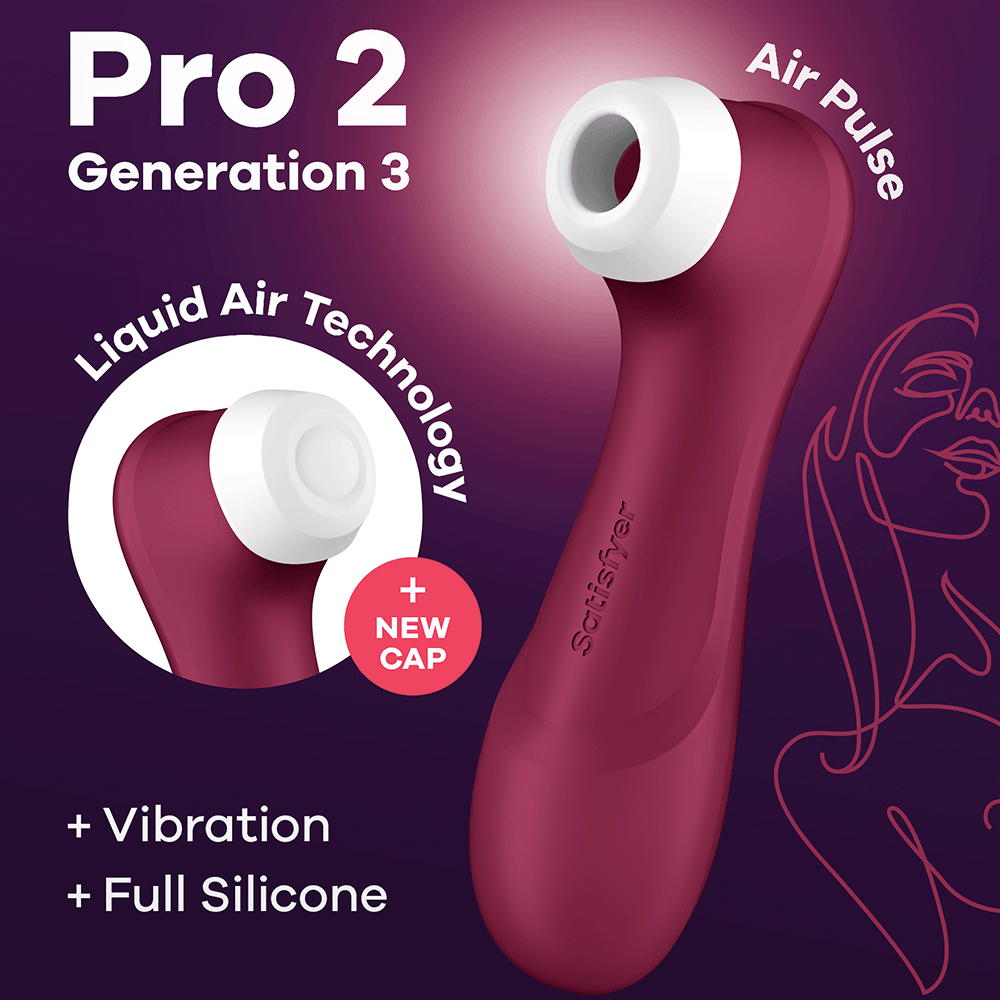 Annonsbild för Satisfyer Pro 2 Generation 3 Red Wine. Lila bakgrund med produkten i fokus. Vit text.