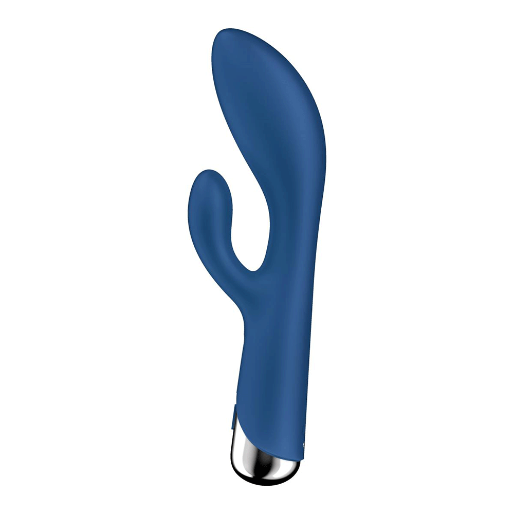 Vänster sida av Satisfyer Spinning Rabbit 1 Blå mot vit bakgrund. Köp rabbitvibrator på Lustly.se