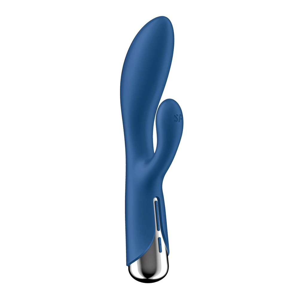 Höger sida av Satisfyer Spinning Rabbit 1 Blå mot vit bakgrund.