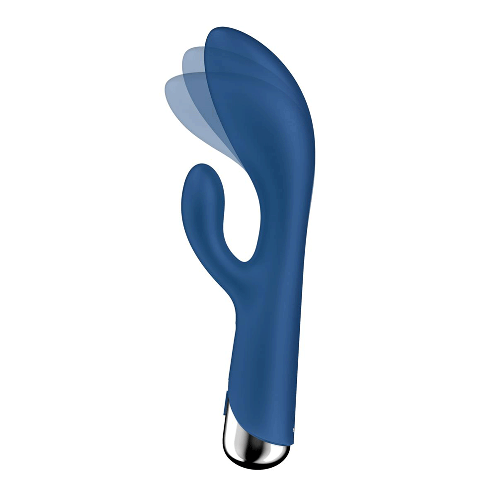 Satisfyer Spinning Rabbit 1 Blå med vibrationer mot vit bakgrund.