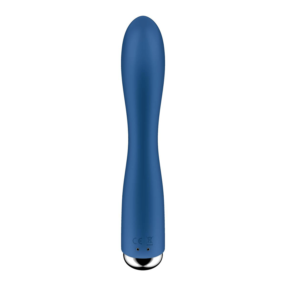 Baksida av Satisfyer Spinning Rabbit 1 Blå mot vit bakgrund.