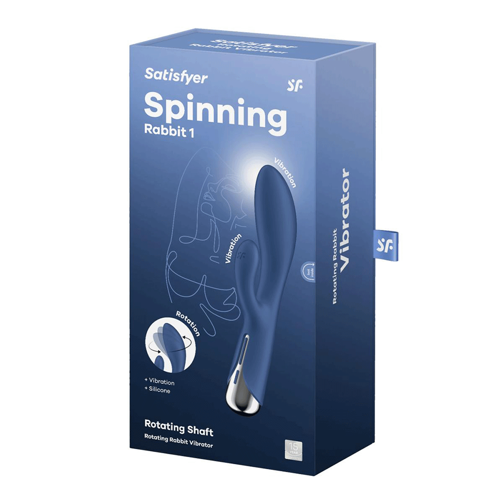 Satisfyer Spinning Rabbit 1 Blå produktförpackning mot vit bakgrund.