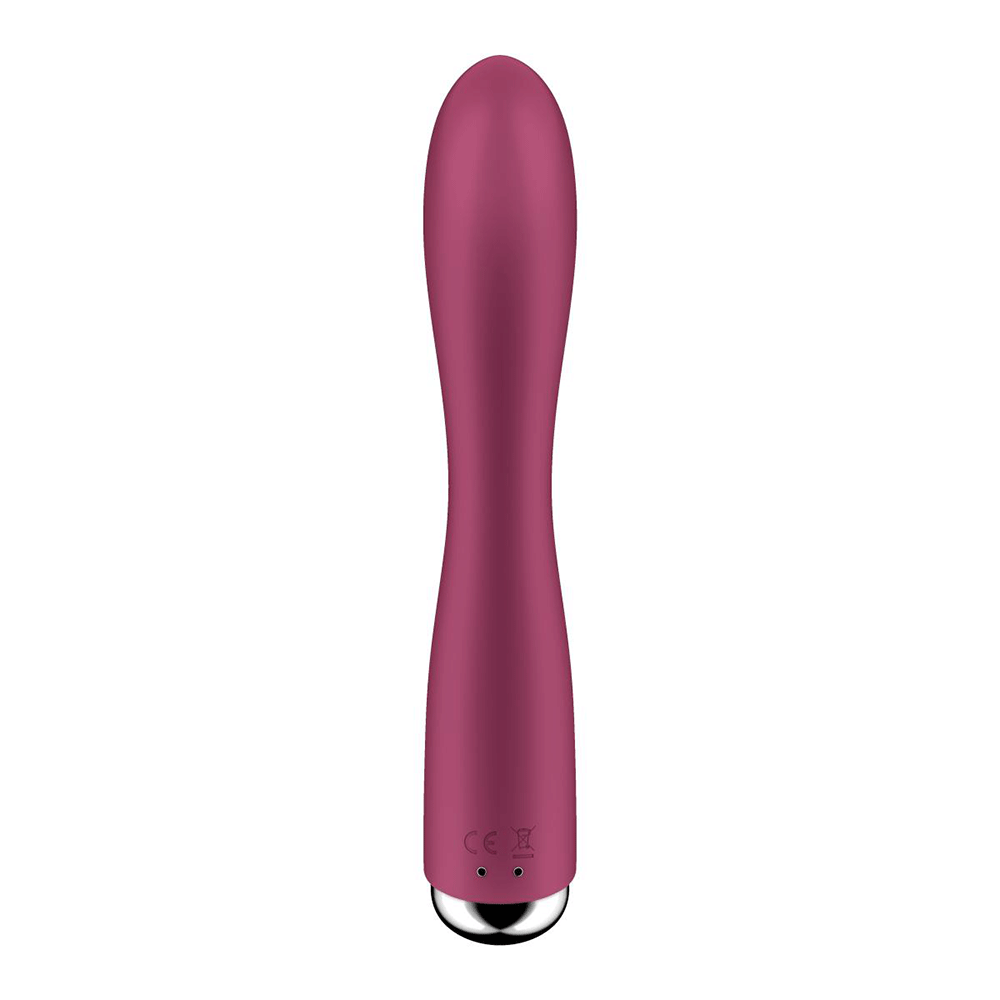 Baksida av Satisfyer Spinning Rabbit 1 Röd mot vit bakgrund.