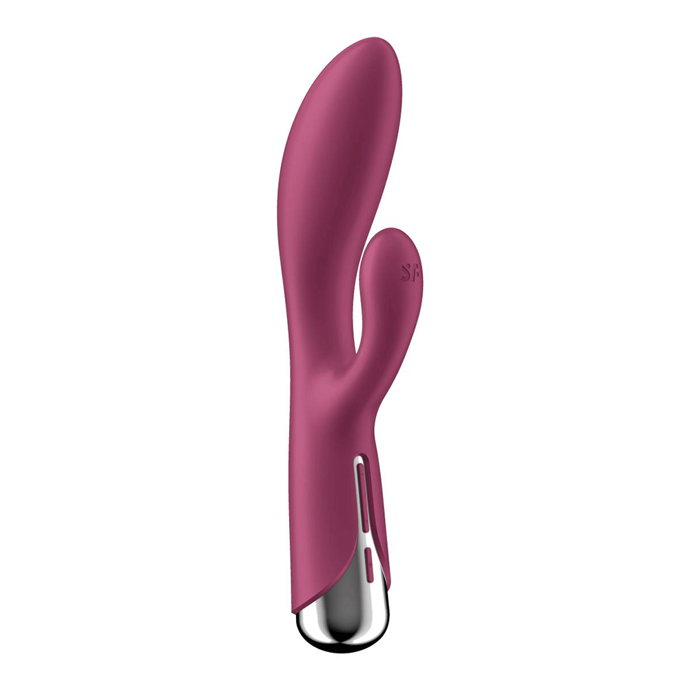 Höger sida av Satisfyer Spinning Rabbit 1 Röd mot vit bakgrund.