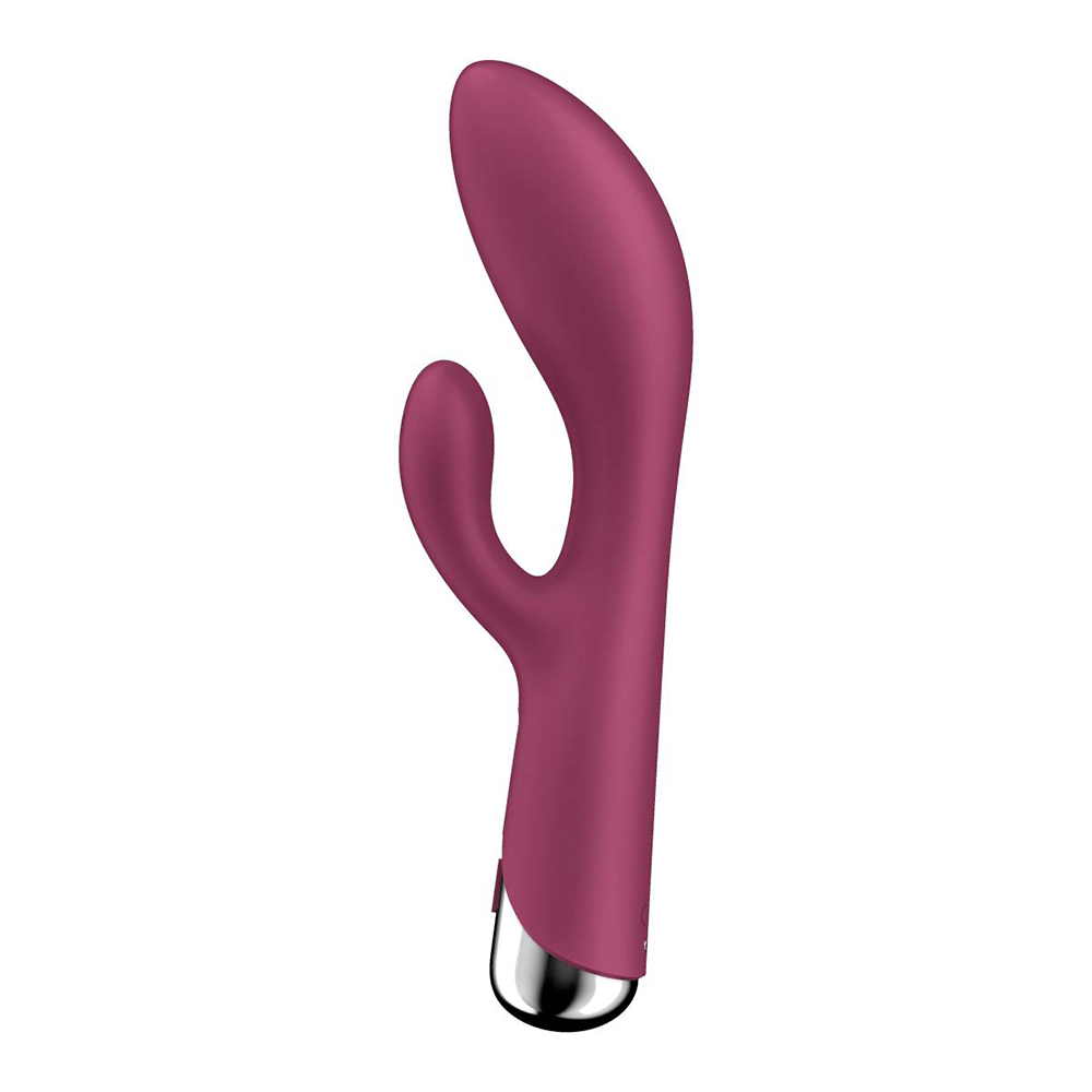 Vänster sida av Satisfyer Spinning Rabbit 1 Röd mot vit bakgrund. Köp rabbitvibrator på Lustly.se