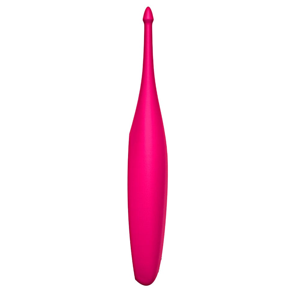 Sidvy av Satisfyer Twirling Fun Magenta Klitorisvibrator mot vit bakgrund.