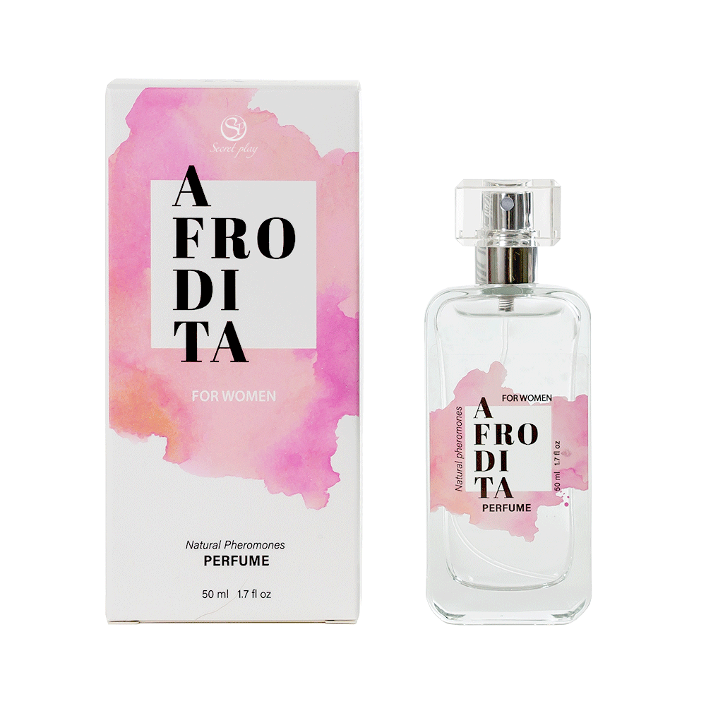 Secret Play Afrodita Perfume Spray 50ml och produktförpackning mot vit bakgrund.