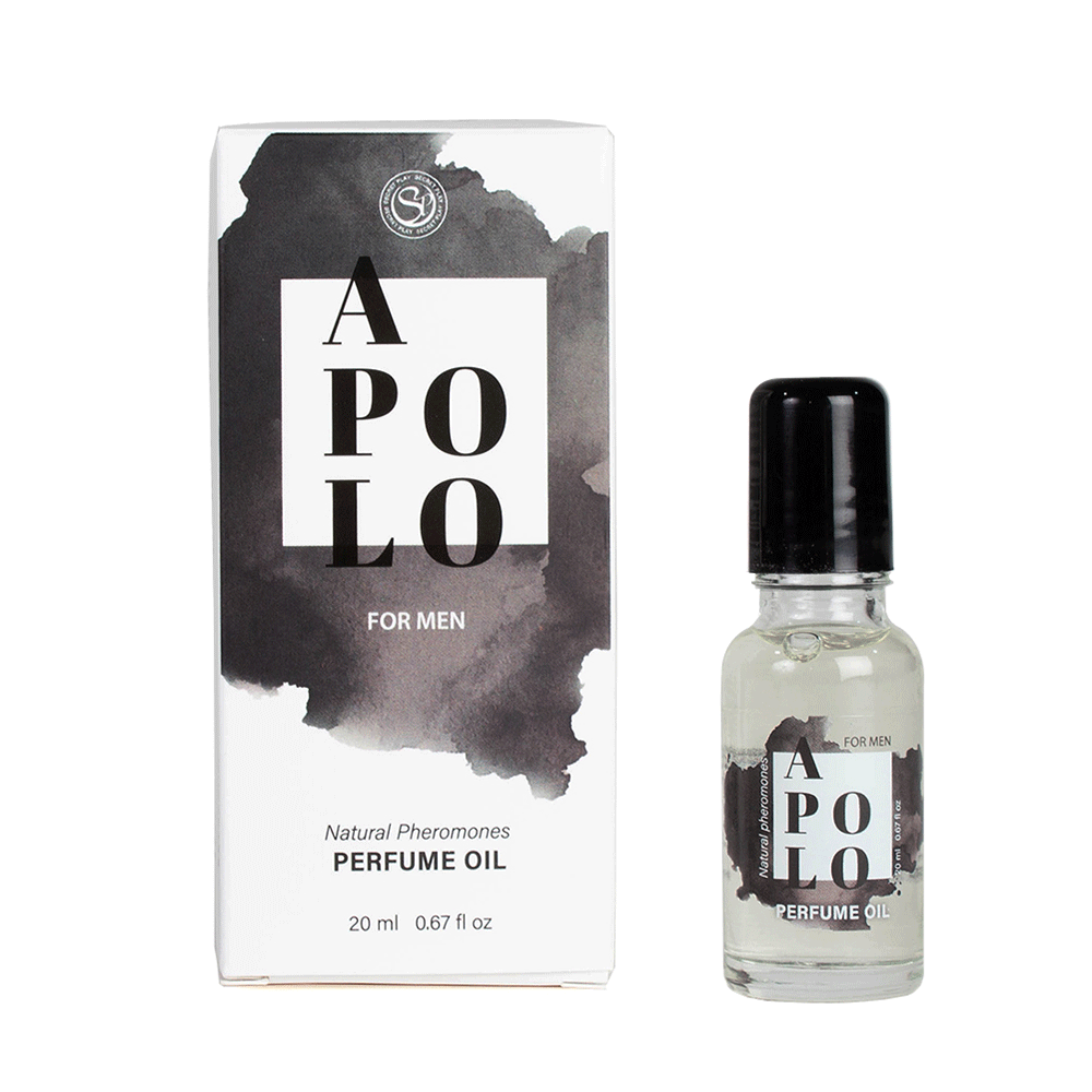 Secret Play Apolo Perfume 20ml och produktförpackning mot vit bakgrund.