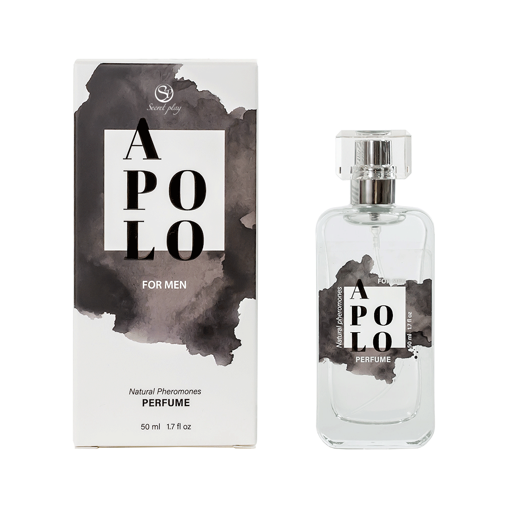 Secret Play Apolo Perfume Spray 50ml och produktförpackning mot vit bakgrund.