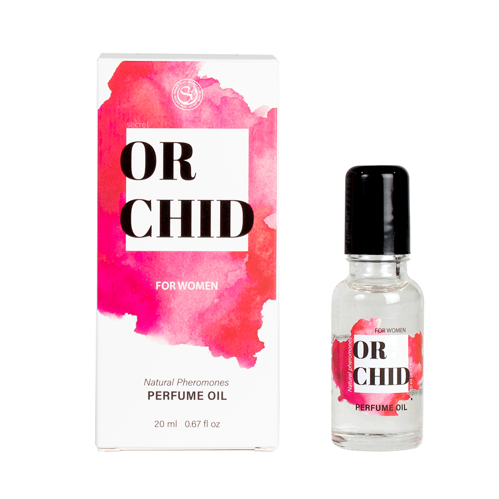 Secret Play Orchid Perfume 20ml och produktförpackning ståendes mot vit bakgrund.