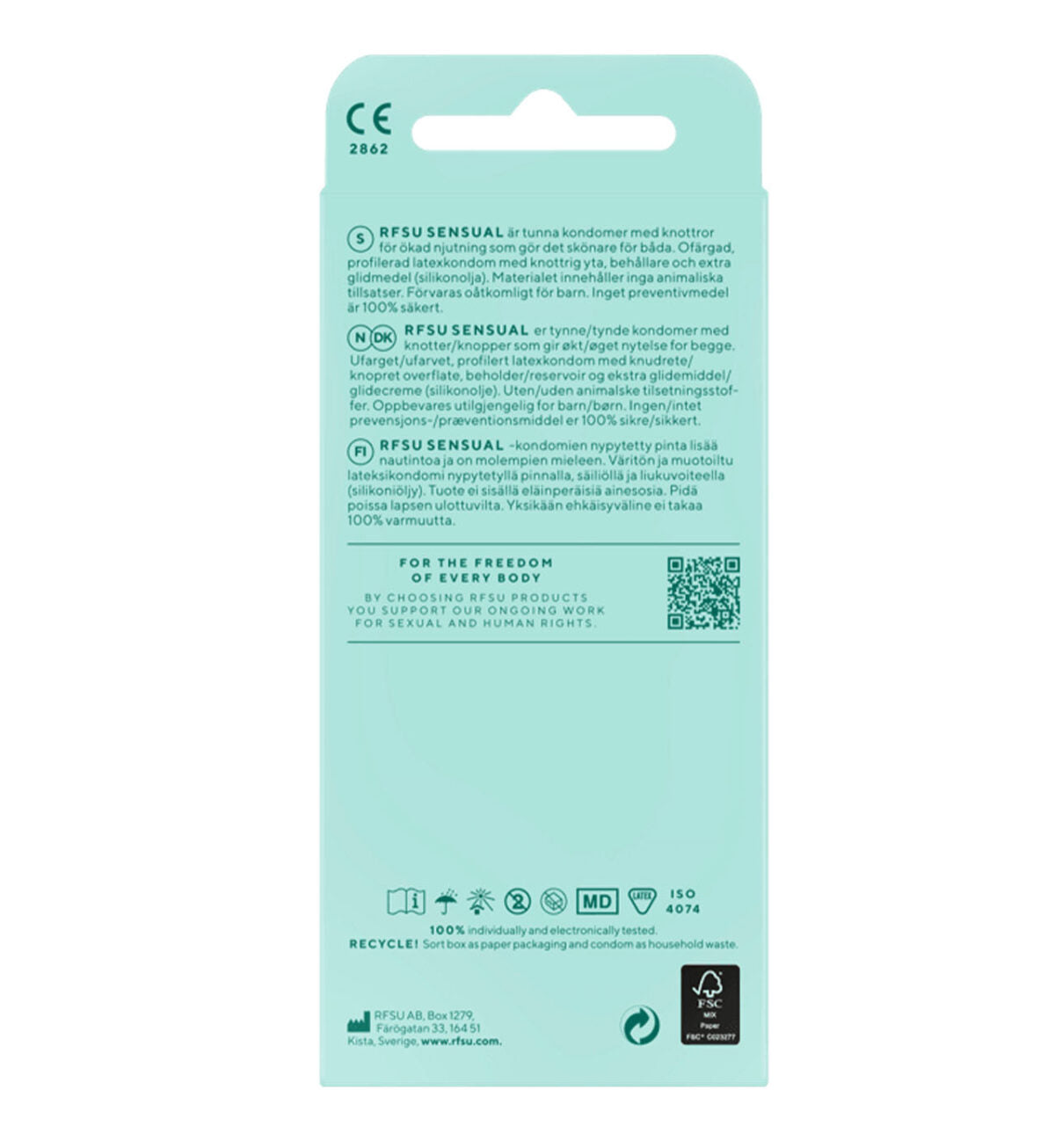 RFSU Sensual knottriga kondomer 10-pack, baksida med information