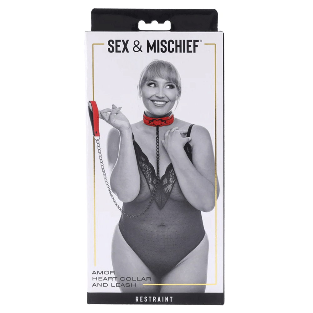 Sex &amp; Mischief Amor Collar and Leash produktförpackning, framsida mot vit bakgrund.