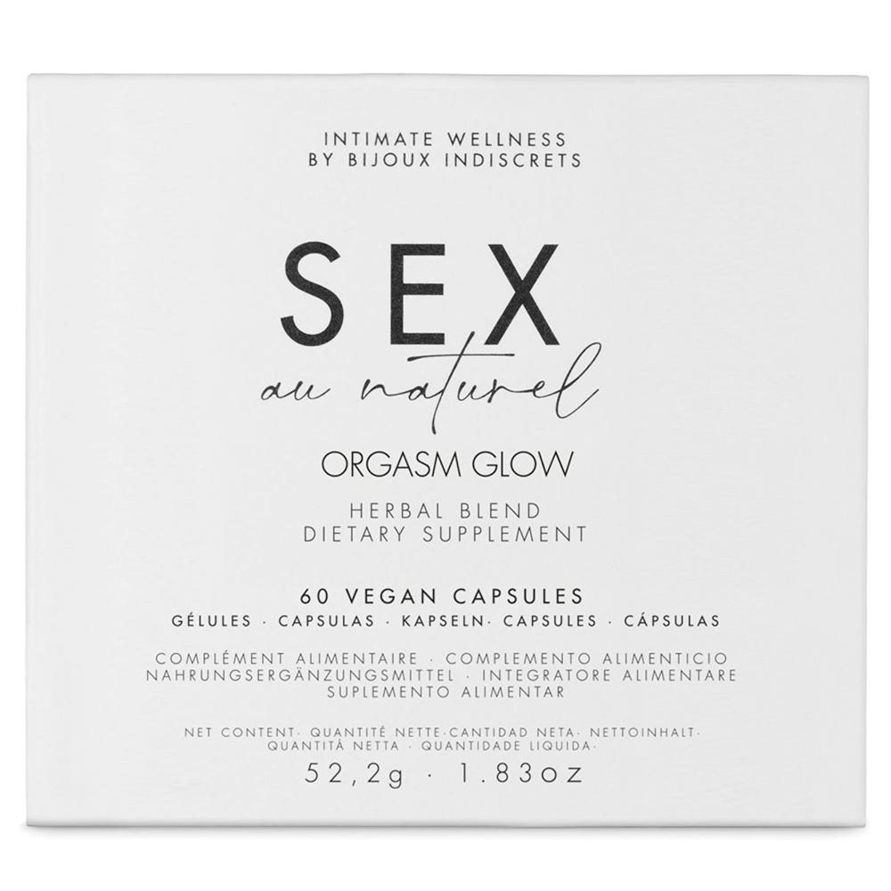 Sex au Naturel Orgasm Glow Lusthöjande Kosttillskott produktförpackning mot vit bakgrund.