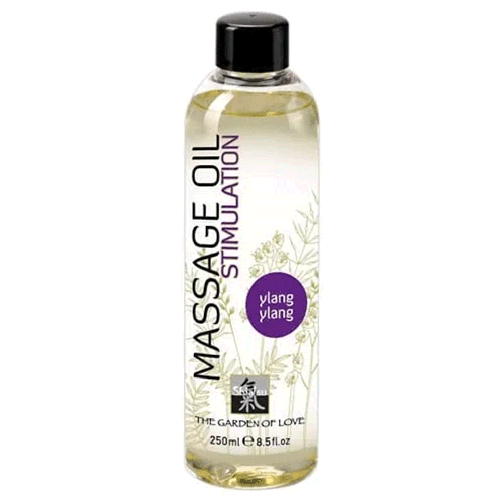 Shiatsu Massageolja Ylang 250ml ståendes mot vit bakgrund.