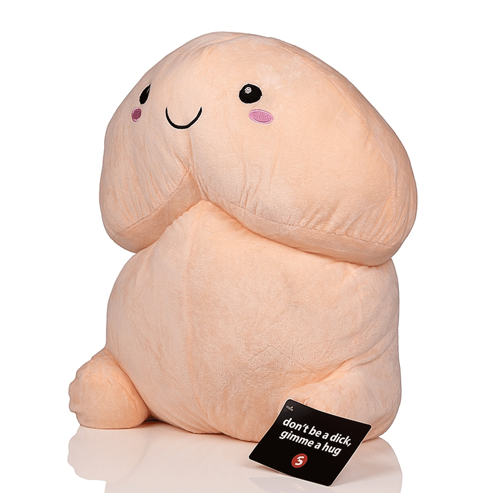 Sidvinkel av Short Penis Plushie 50cm mot vit bakgrund.