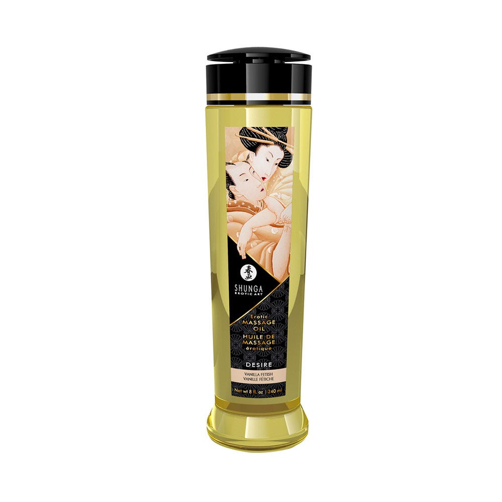 Shunga Massage Oil Desire Vanilla ståendes mot vit bakgrund.