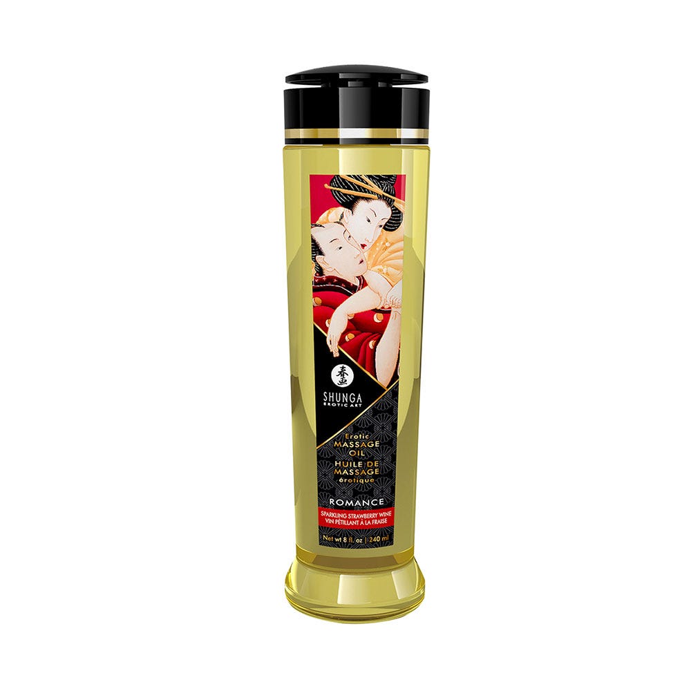 Shunga Massage Oil Romance Strawberries & Champagne ståendes mot vit bakgrund.