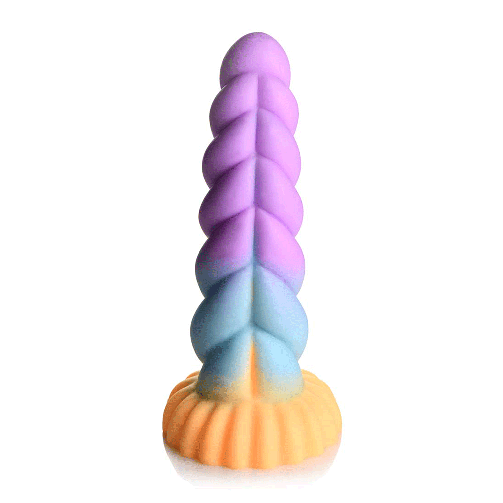 Silicone Unicorn Dildo ståendes mot vit bakgrund.