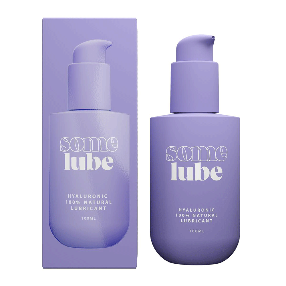 SOME LUBE Hyaluronic Vattenbaserat Glidmedel 100ml och produktförpackning mot vit bakgrund.